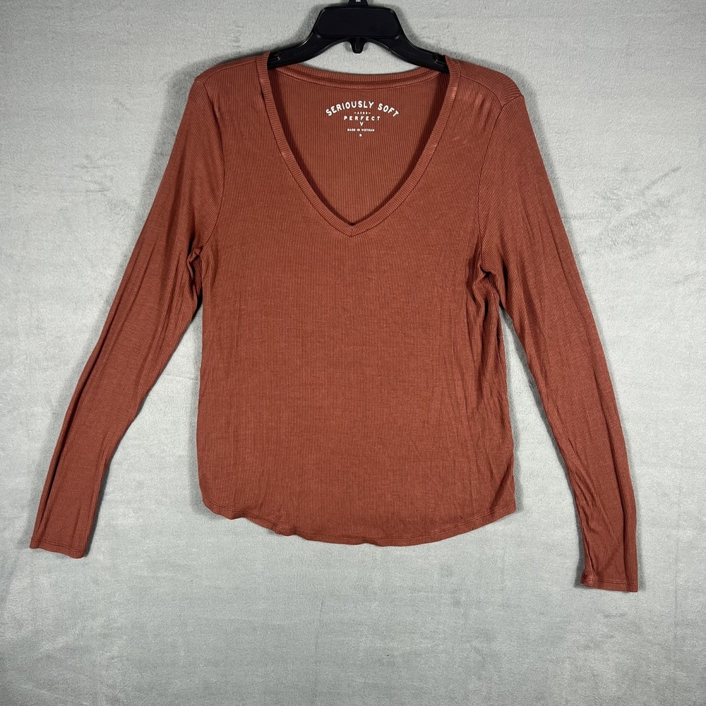 Aeropostale Seriously Soft Ribbed V-Neck Top Women's M Rust Long Sleeve T-Shirt